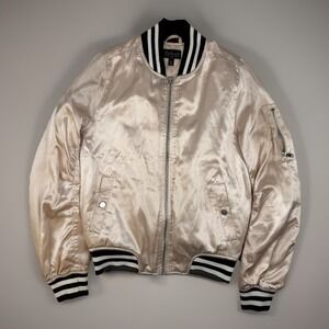 Topshop Satin Bomber Jacket Blush Pink Varsity Cropped US 2